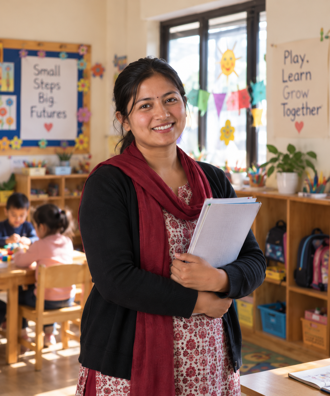 A Nepali preschool teacher in her classroom